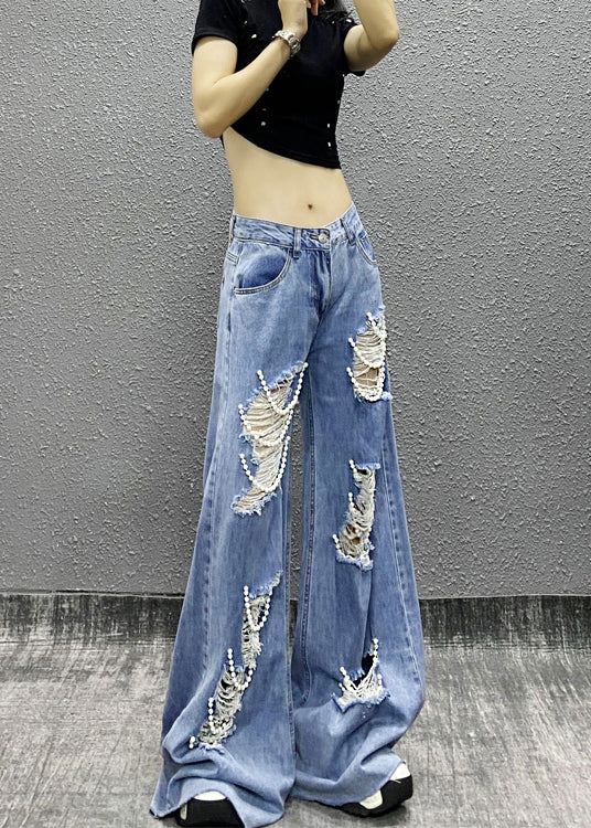 Fashion Blue Bead Decorated Pockets Ripped Denim Wide Leg Pants Fall