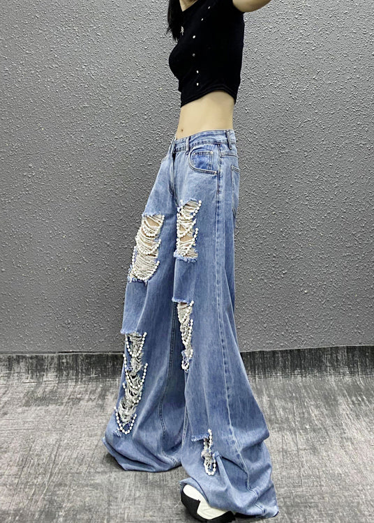 Fashion Blue Bead Decorated Pockets Ripped Denim Wide Leg Pants Fall