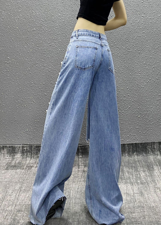 Fashion Blue Bead Decorated Pockets Ripped Denim Wide Leg Pants Fall