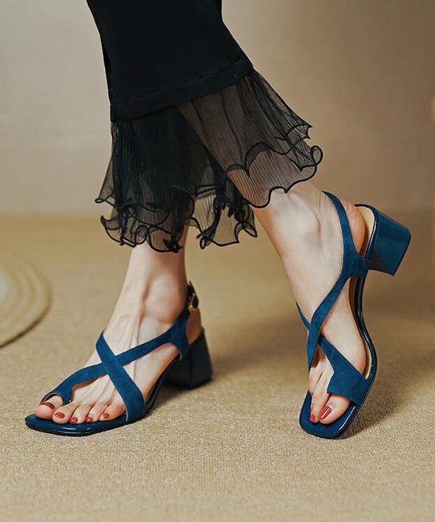 Fashion Blue Cross Strap Splicing Chunky Genuine Leather Sandals