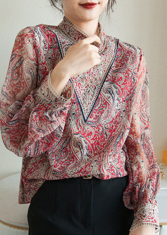 Fashion Blue Embroidered Print Chiffon Shirt Lantern Sleeve