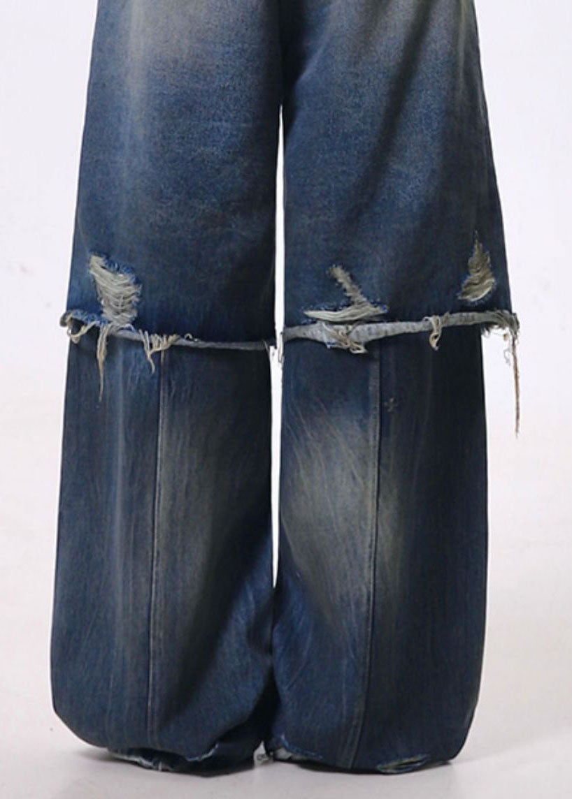 Fashion Blue False Two Pieces Patchwork Ripped Denim Pants Spring