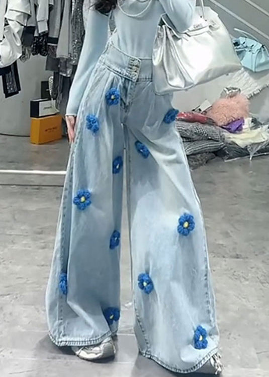 Fashion Blue High Waist Floral Decorated Denim Wide Leg Pants Spring