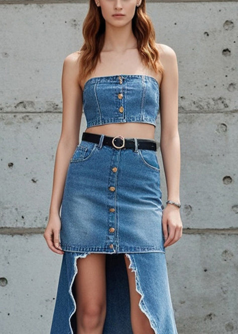 Fashion Blue Low High Design Patchwork Denim Skirts Fall