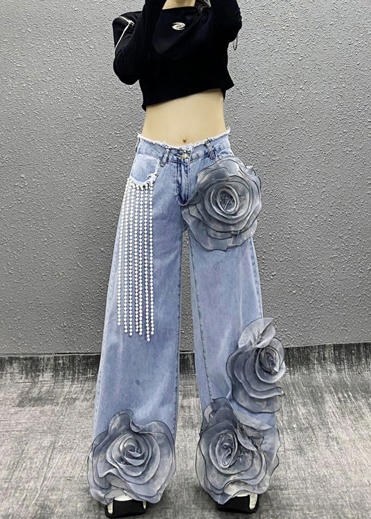 Fashion Blue Pockets Floral Bead Tassel Denim Pants Fall