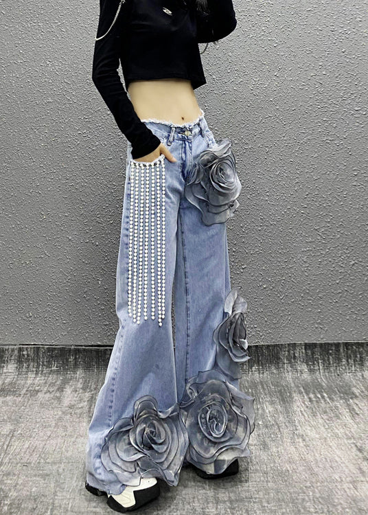 Fashion Blue Pockets Floral Bead Tassel Denim Pants Fall