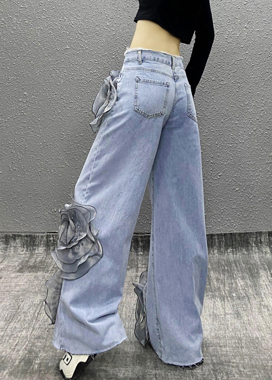 Fashion Blue Pockets Floral Bead Tassel Denim Pants Fall