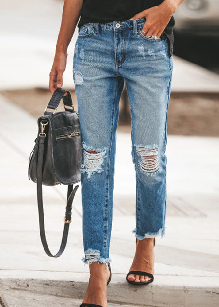 Fashion Blue Pockets Ripped Denim Pants Summer