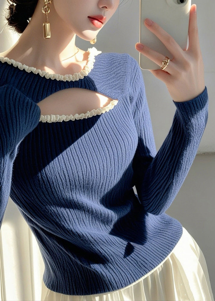 Fashion Blue Ruffled Hollow Out Knit Sweater Spring