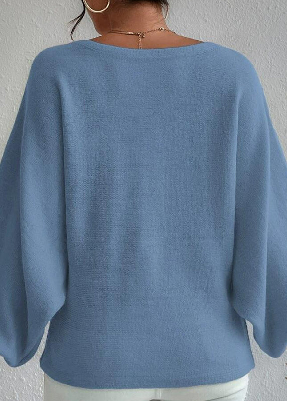 Fashion Blue Slash Neck Knit Sweaters Lantern Sleeve