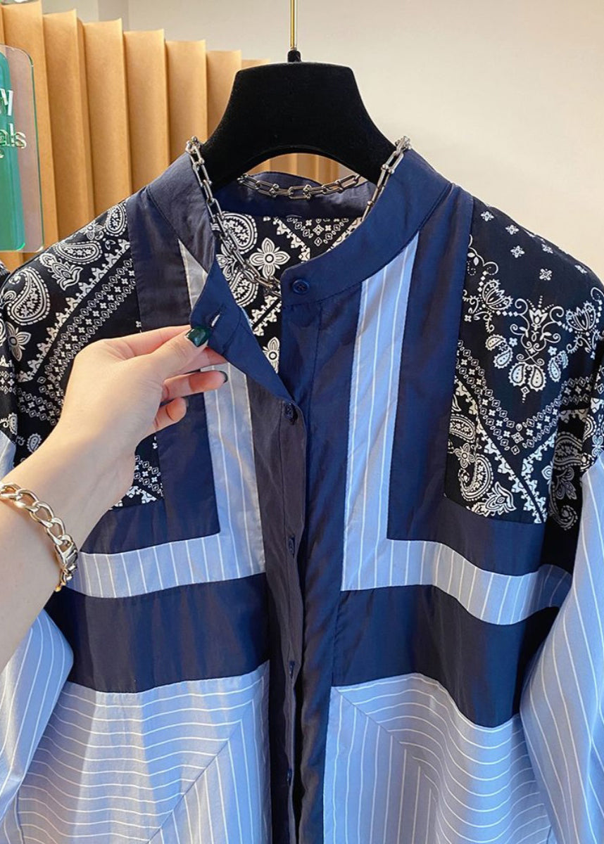 Fashion Blue Stand Collar Print Patchwork Shirt Fall