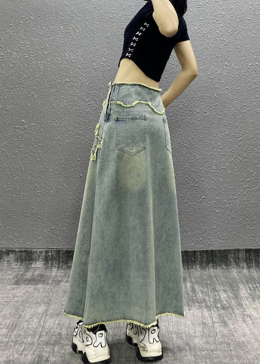 Fashion Blue Tasseled Nail Bead High Waist Denim Skirts Fall