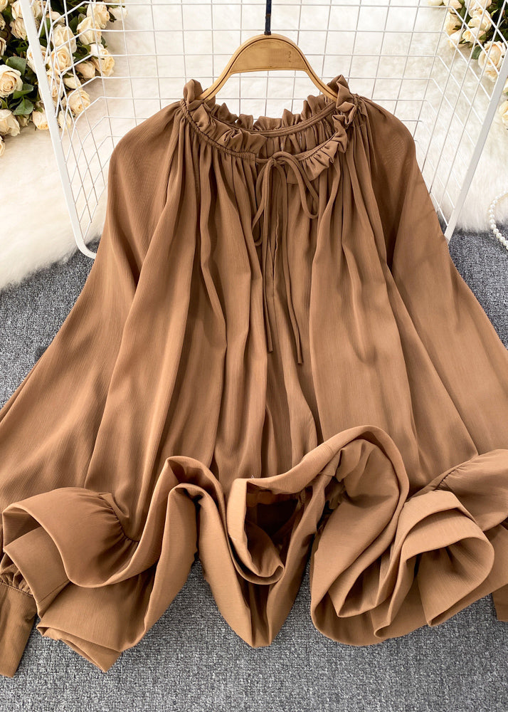 Fashion Brown Ruffled Patchwork Chiffon Maxi Skirt Spring