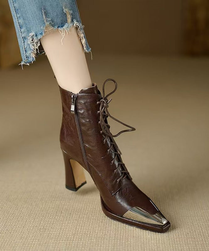 Fashion Brown Sheepskin Splicing Chunky Heel Boots Cross Strap