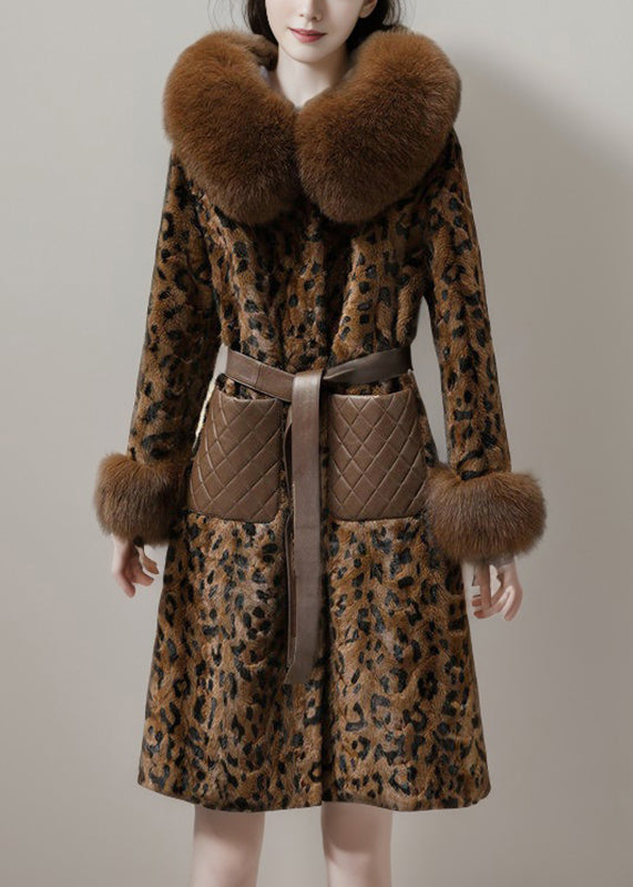 Fashion Coffe Leather And Fur Long Coats Print Mink Velvet Winter