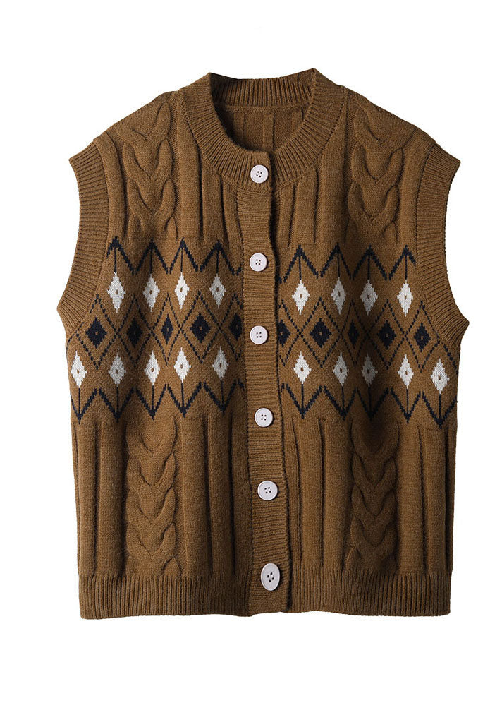 Fashion Coffee O Neck Jacquard Button Woolen Vest Sleeveless