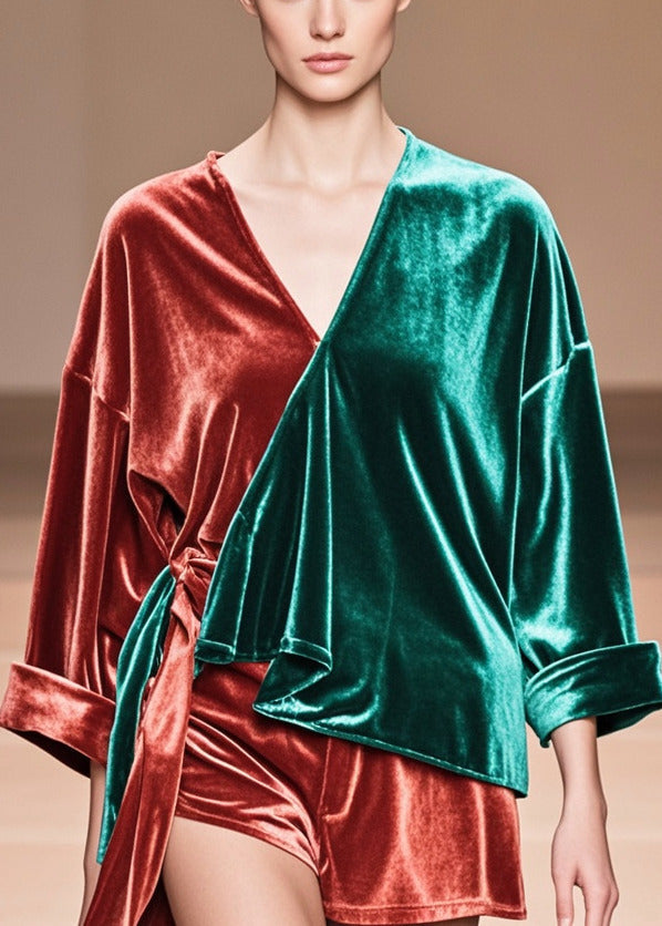 Fashion Colorblock Asymmetrical Patchwork Silk Velour Tops Fall