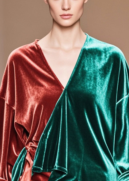 Fashion Colorblock Asymmetrical Patchwork Silk Velour Tops Fall