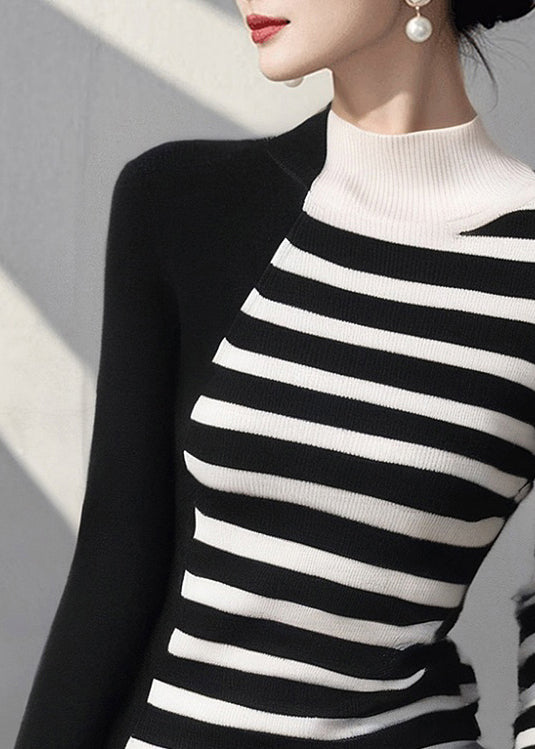 Fashion Colorblock Hign Neck Striped Knit Sweaters Spring