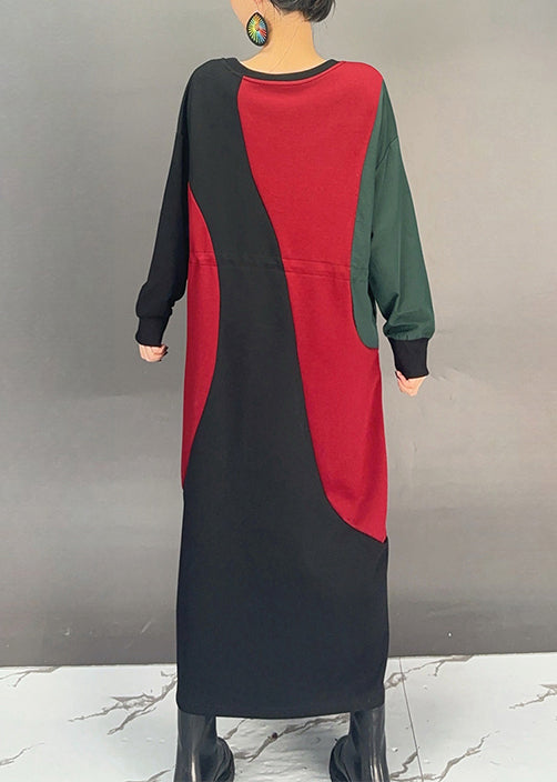 Fashion Colorblock O Neck Drawstring Cotton Dress Fall