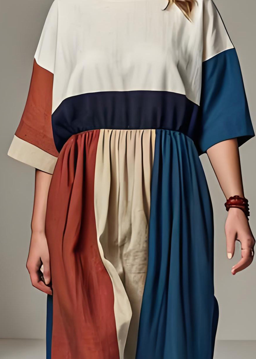 Fashion Colorblock O Neck Wrinkled Patchwork Linen Dresses Summer