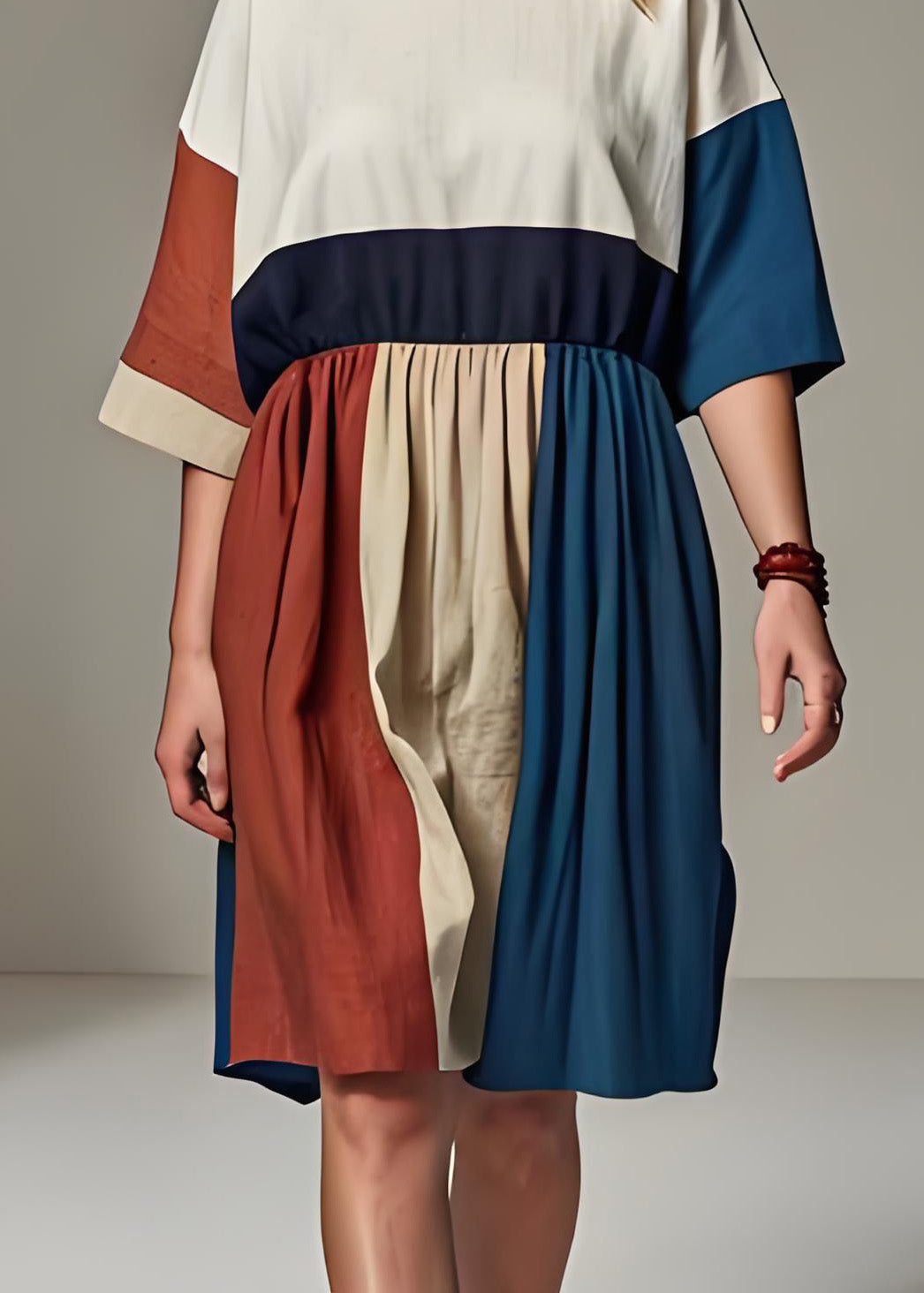 Fashion Colorblock O Neck Wrinkled Patchwork Linen Dresses Summer