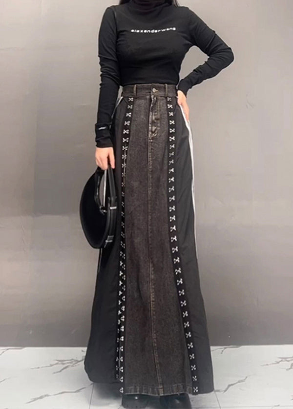 Fashion Dark Grey Patchwork Side Open Denim Skirts Fall