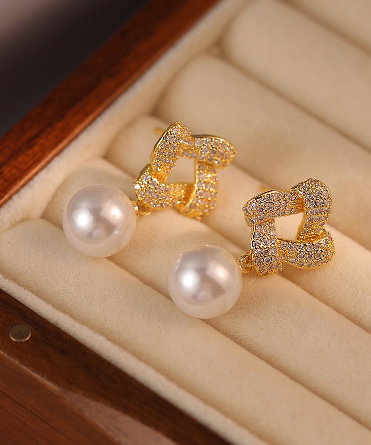 Fashion Gold Sterling Silver Alloy Zircon Pearl Square Drop Earrings