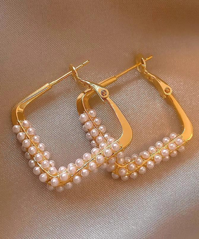 Fashion Gold Sterling Silver Overgild Inlaid Pearl Square Hoop Earrings