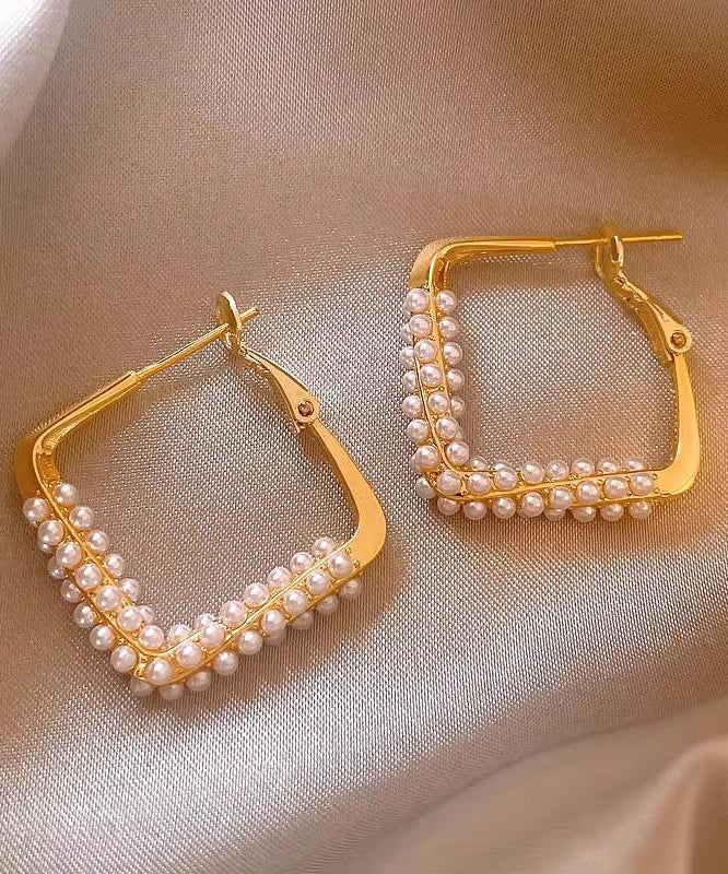 Fashion Gold Sterling Silver Overgild Inlaid Pearl Square Hoop Earrings