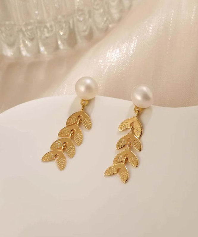 Fashion Gold Sterling Silver Overgild Pearl Ear Of Wheat Stud Earrings