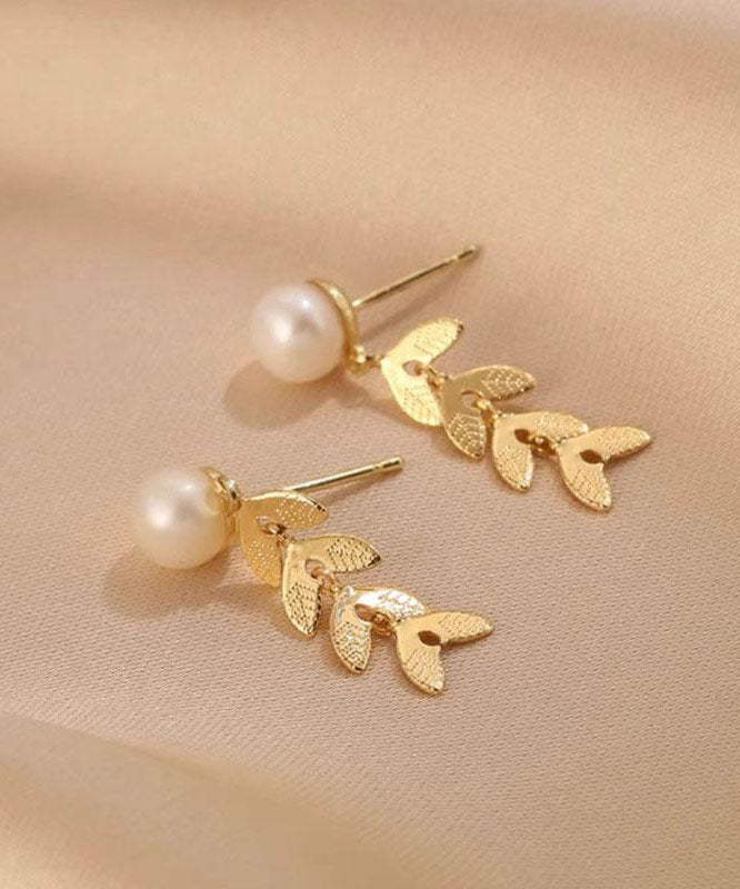 Fashion Gold Sterling Silver Overgild Pearl Ear Of Wheat Stud Earrings