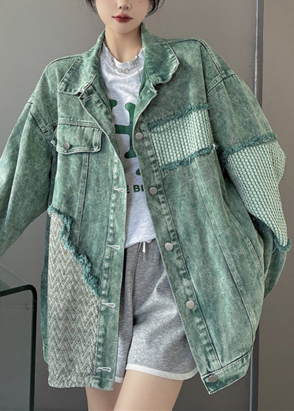 Fashion Green Peter Pan Collar Patchwork Denim Jacket Fall