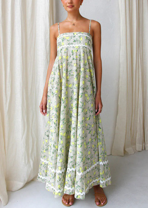 Fashion Green Print Patchwork Cotton Spaghetti Strap Dress Summer