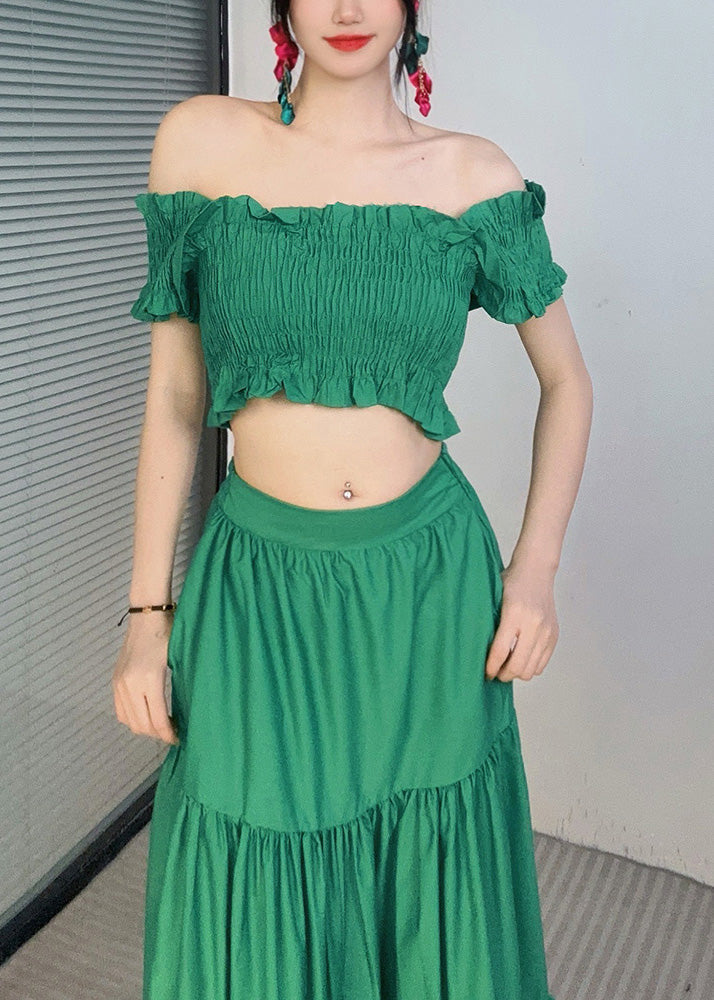 Fashion Green Slash Neck Ruffled Top And Maxi Skirts Two Piece Set Summer