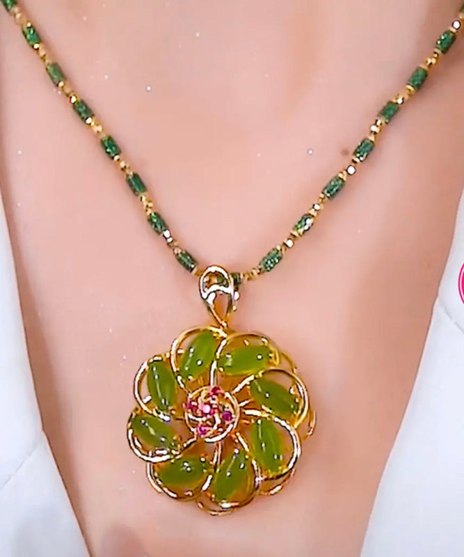 Fashion Green Sterling Silver Overgild Inlaid Floral Pendant Necklace