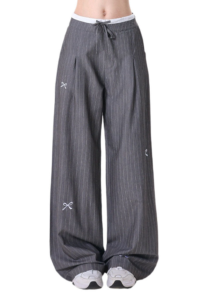 Fashion Grey Embroidered Bow Striped Patchwork Cotton Pants Spring