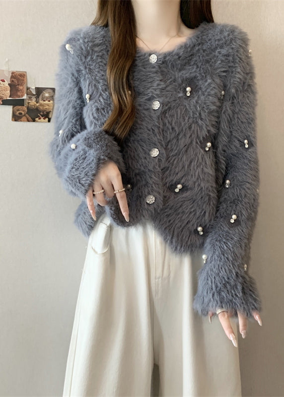 Fashion Grey O Neck Nail Bead Mink Hair Knitted Coat Fall