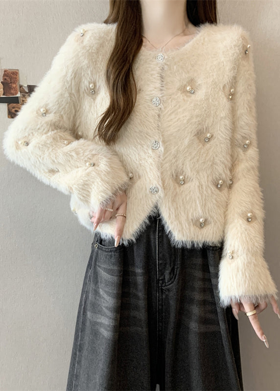 Fashion Grey O Neck Nail Bead Mink Hair Knitted Coat Fall