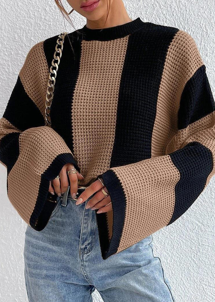 Fashion Khaki O Neck Striped Women Knit Sweaters Fall