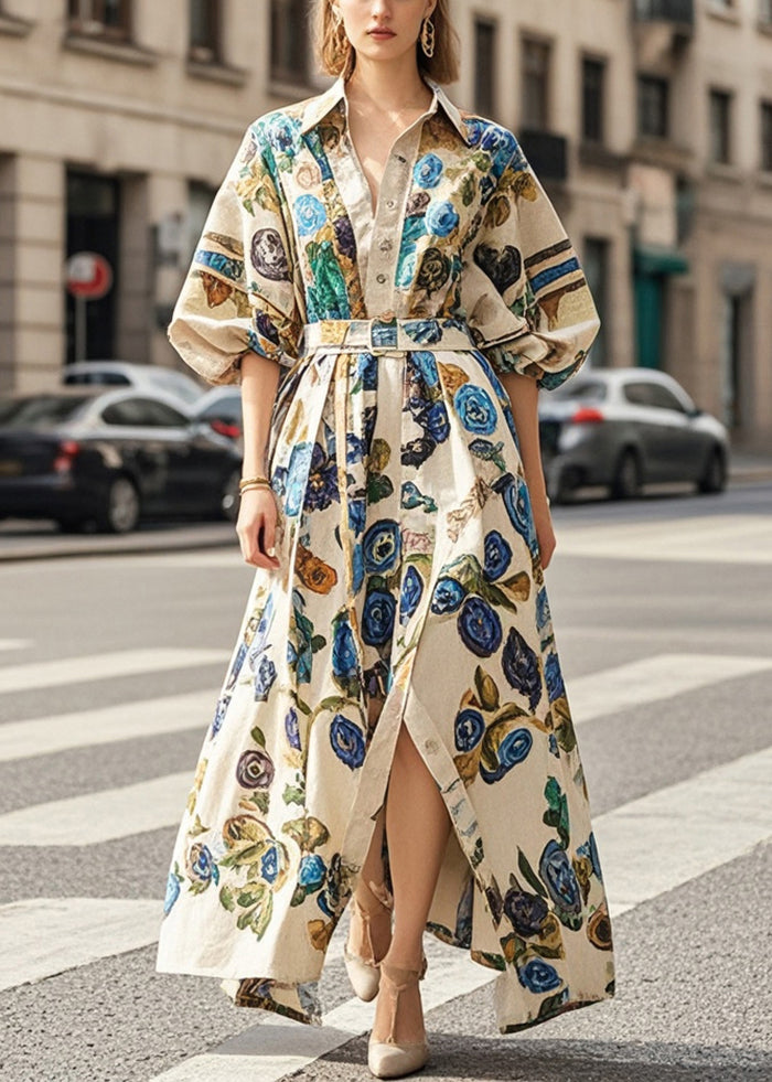 Fashion Khaki Oversized Print Cotton Long Dress Lantern Sleeve