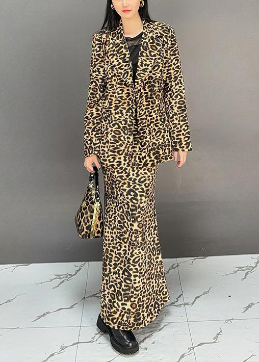 Fashion Leopard Coat And Skirts Two Pieces Set Fall