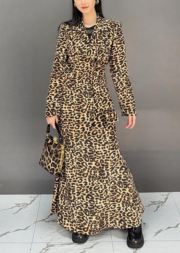 Fashion Leopard Coat And Skirts Two Pieces Set Fall