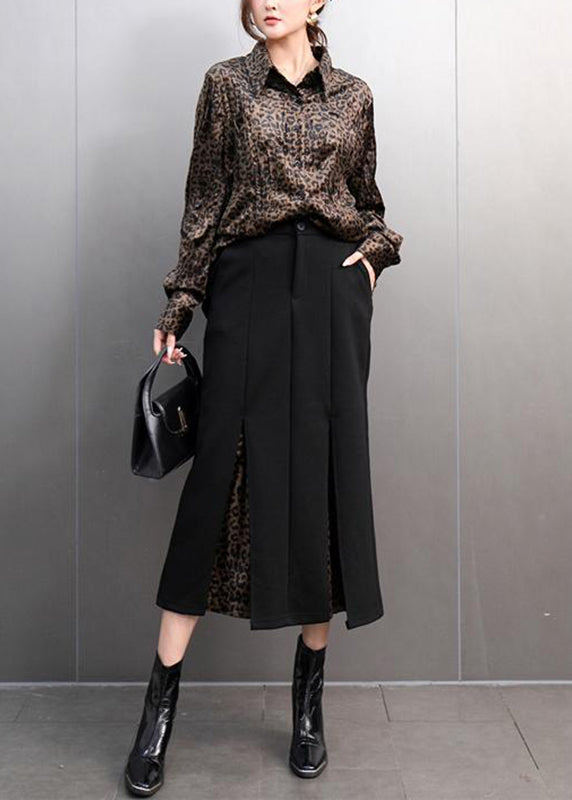 Fashion Leopard Peter Pan Collar Button Shirts And Maxi Skirts Two Pieces Set Spring