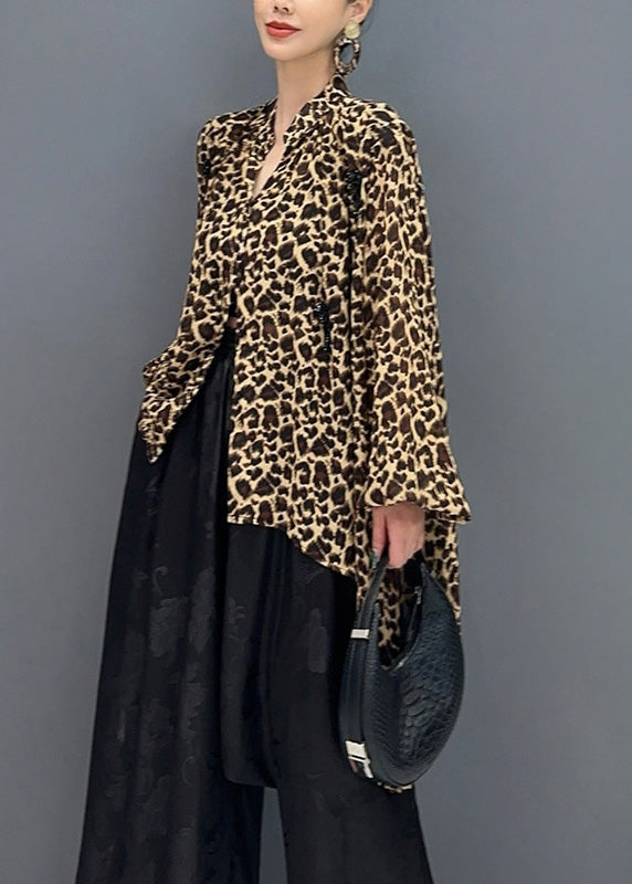 Fashion Leopard Stand Collar Asymmetrical Design Tops Fall