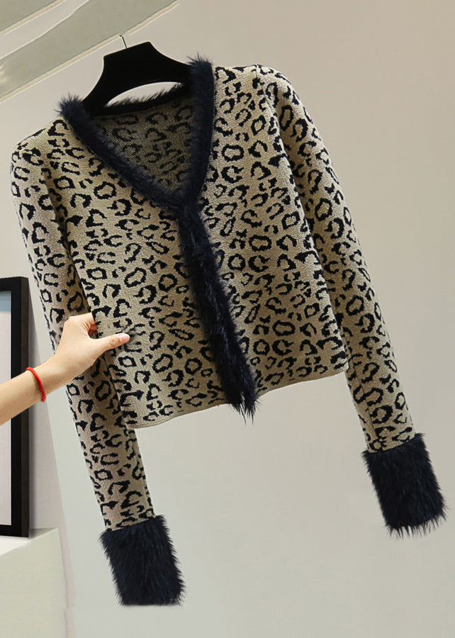 Fashion Leopard V Neck Print Patchwork Cotton Knit Sweater Winter