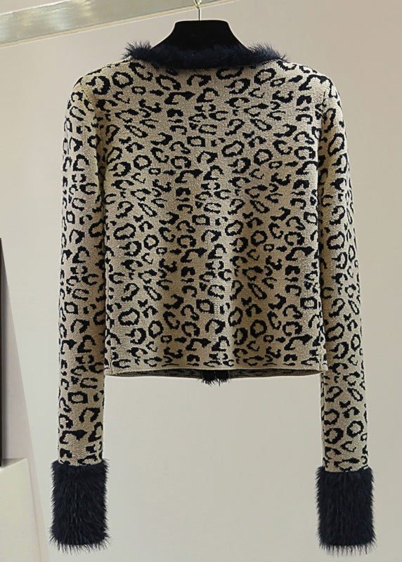 Fashion Leopard V Neck Print Patchwork Cotton Knit Sweater Winter