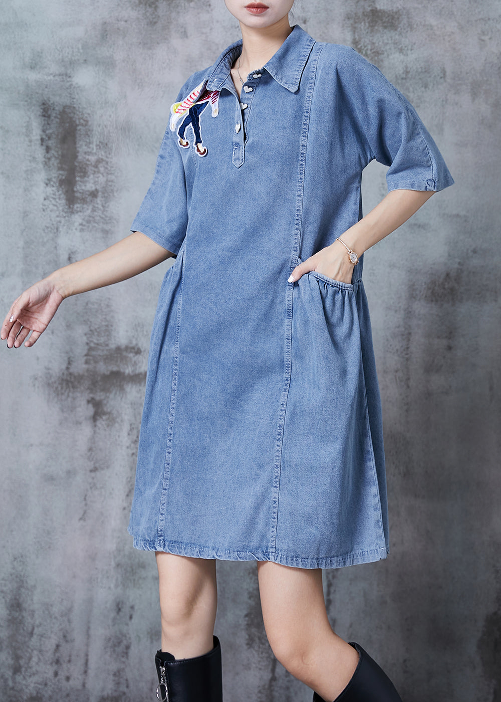 Fashion Light Blue Cartoon Denim Day Dress Summer