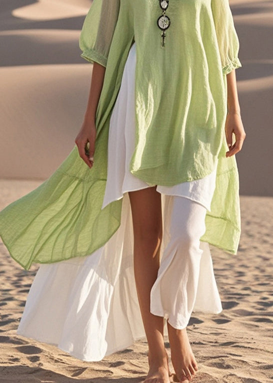 Fashion Light Green Asymmetrical Cotton Vacation Dresses Summer