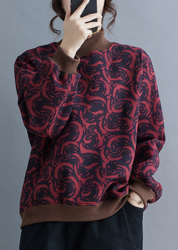 Fashion Mulberry Stand Collar Print Warm Fleece Pullover Streetwear Spring